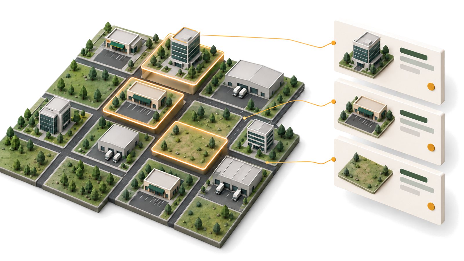 Isometric grid of parcels with three highlighted and exported as listing cards