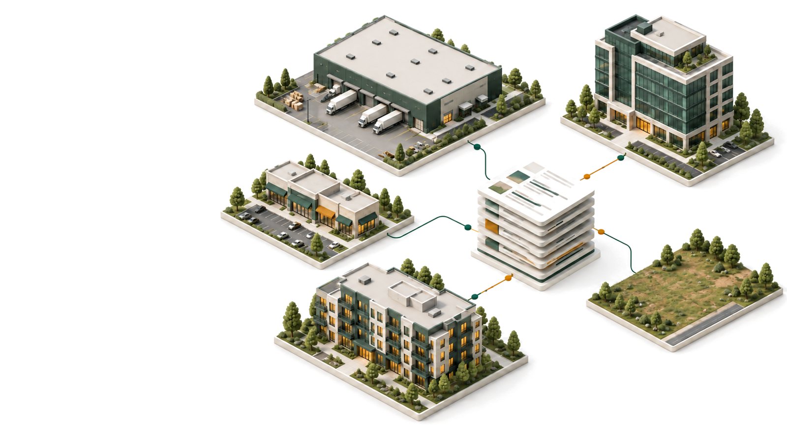 Isometric illustration: a warehouse, an office, a retail strip, an apartment block and a vacant parcel feeding one stack of structured listing cards