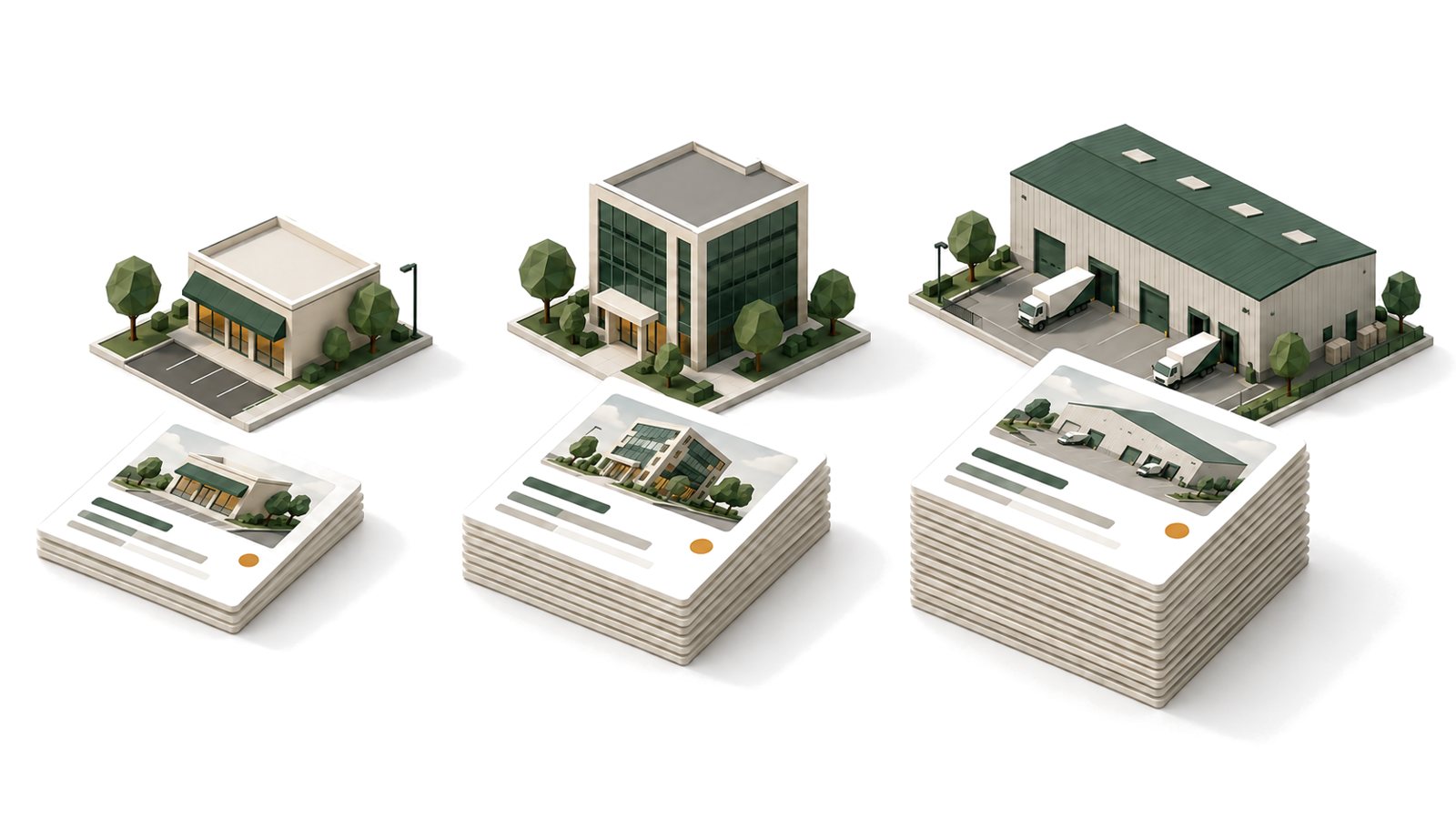 Three property types with growing stacks of listing cards